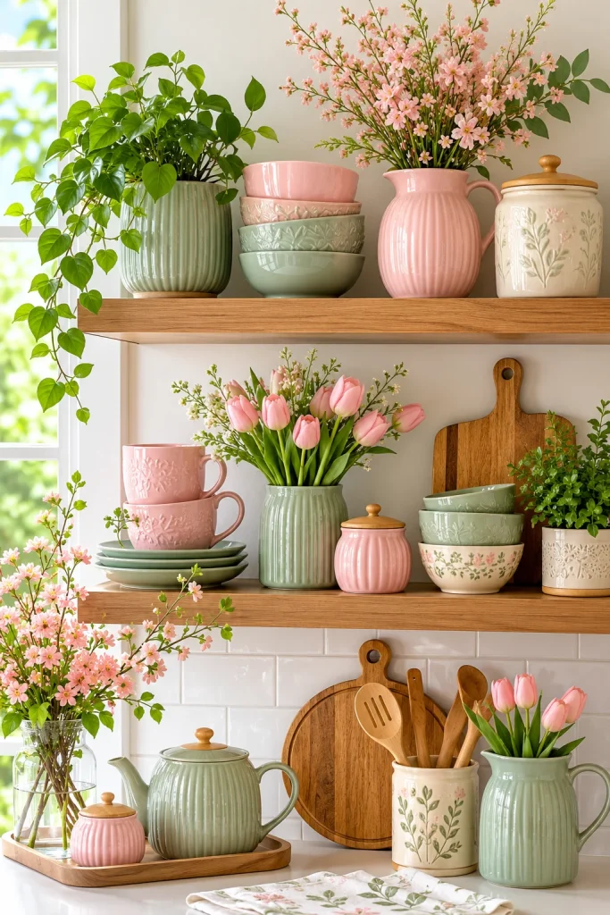 27 Spring Home Decor Ideas to Refresh Your Space in Style 8 Style Open Shelves with Pastel Ceramics