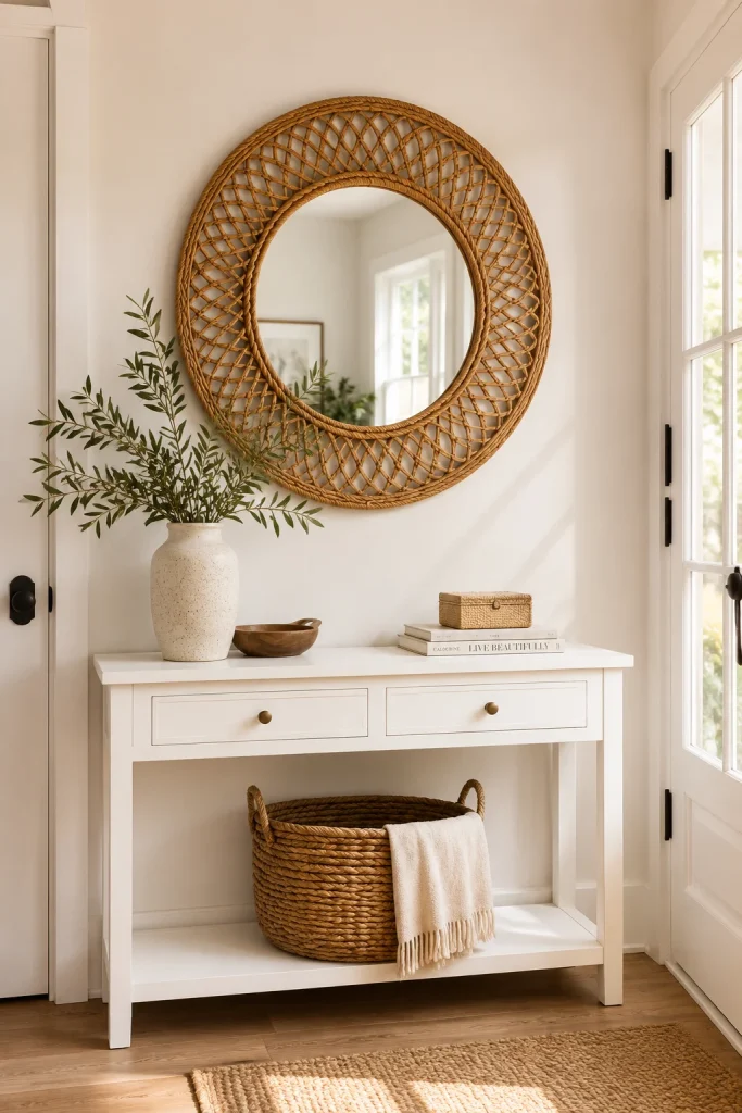 27 Spring Home Decor Ideas to Refresh Your Space in Style 9 Add a Woven Rattan Mirror