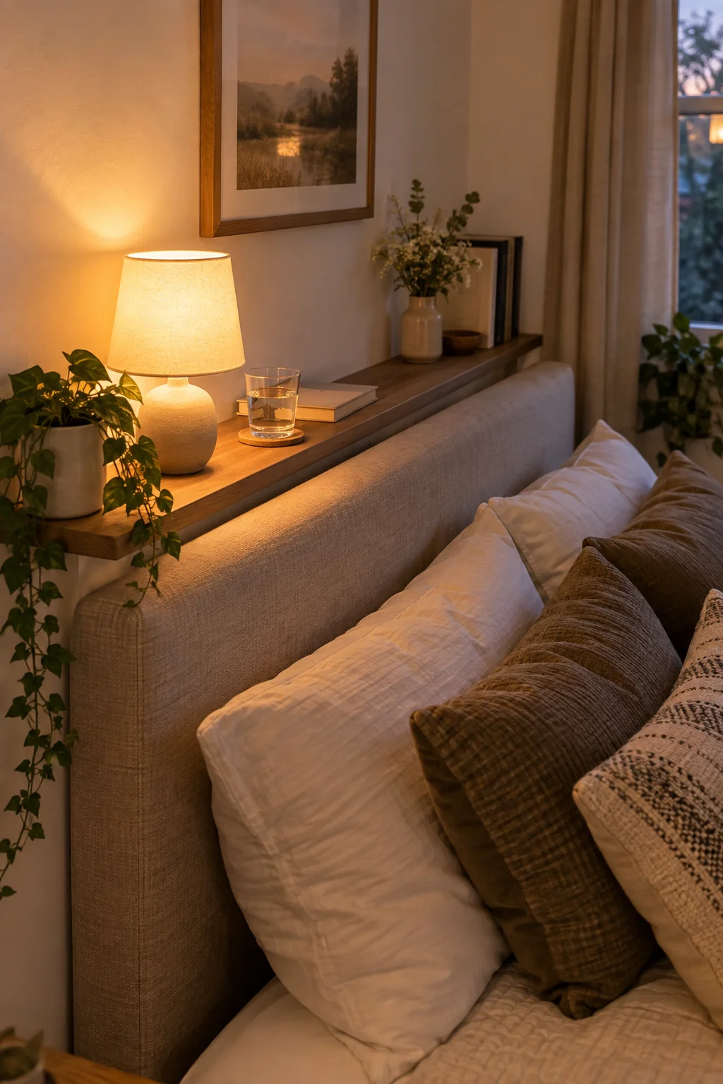 13 Small Bedroom Ideas That Make a Tiny Room Feel Bigger and Cozier 12 Add a Slim Shelf Behind the Headboard for a Missing Nightstand