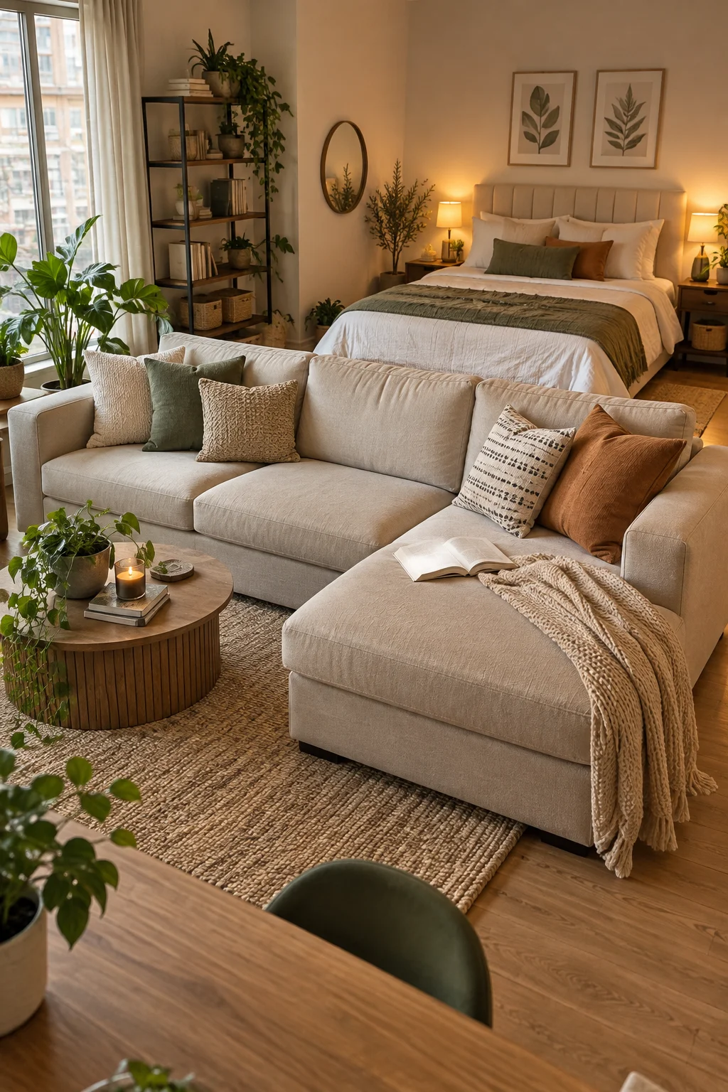 L shaped sofa dividing living room and bedroom area in studio apartment