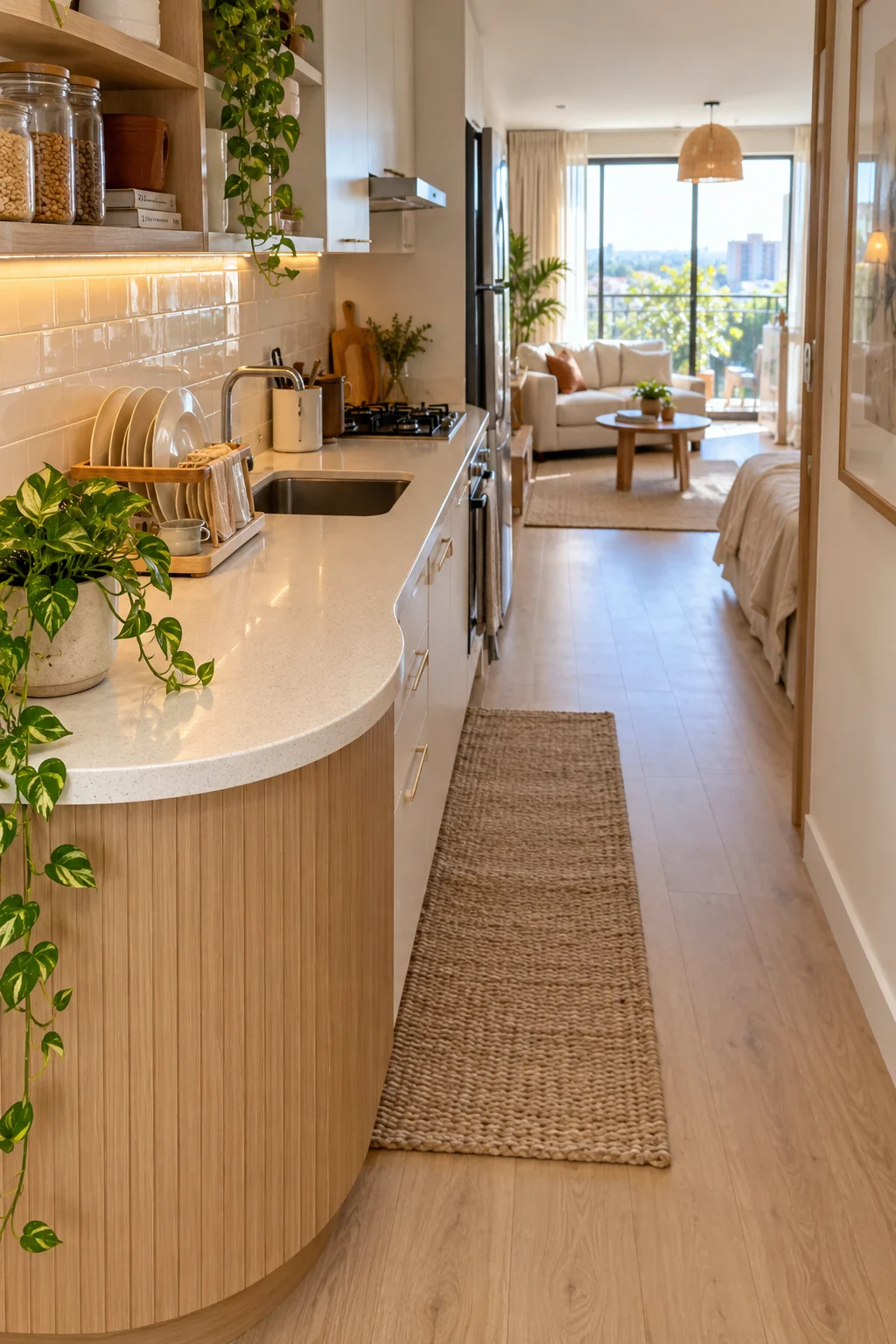curved kitchen counter edge in narrow studio apartment galley kitchen
