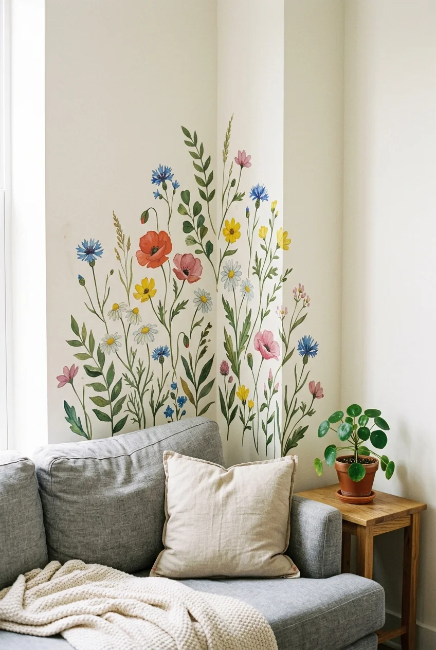 peel and stick wildflower wall decals climbing a corner above a gray sofa in a renter friendly living room