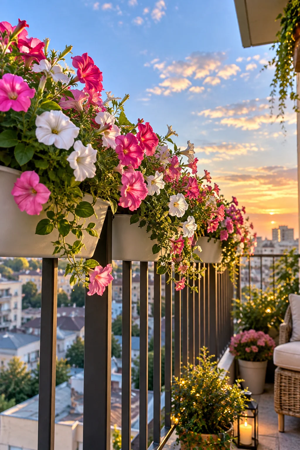12 Small Balcony Ideas for Renters on a Budget 2 Pink flowers in clip-on planters hanging over a balcony railing