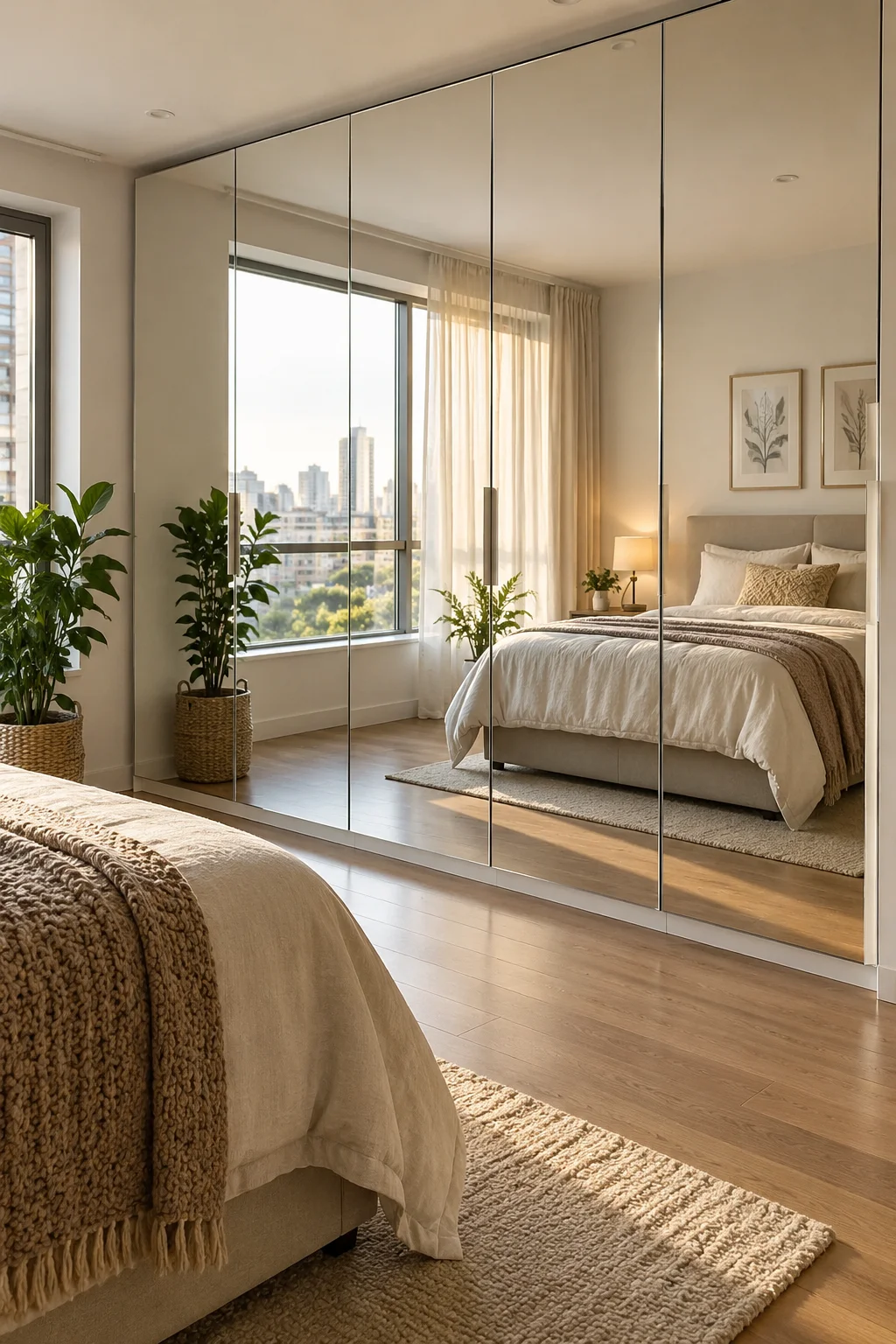 full wall mirrored wardrobe doors in small studio apartment bedroom area