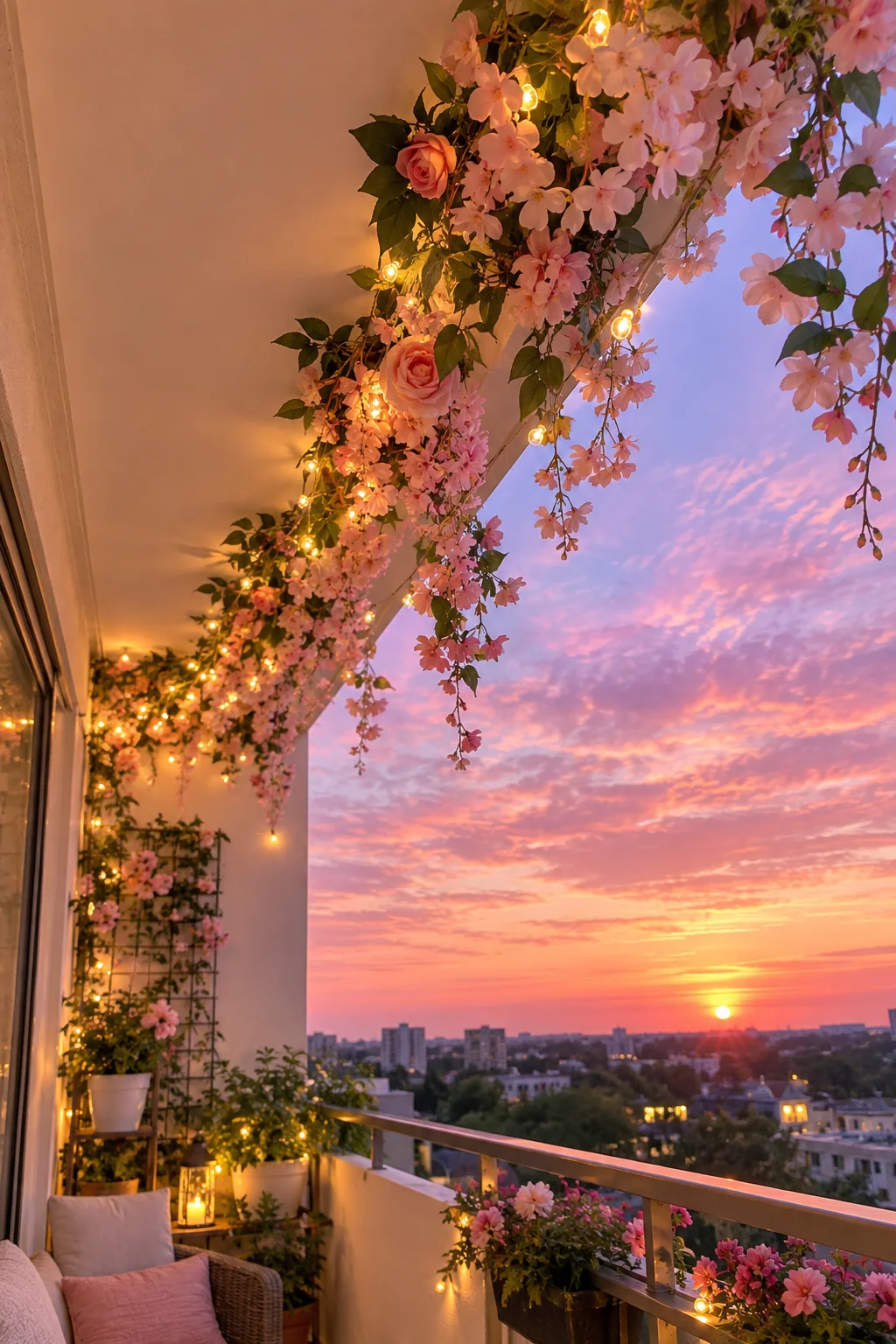 12 Small Balcony Ideas for Renters on a Budget 8 Pink faux flower garland draped along a small balcony ceiling