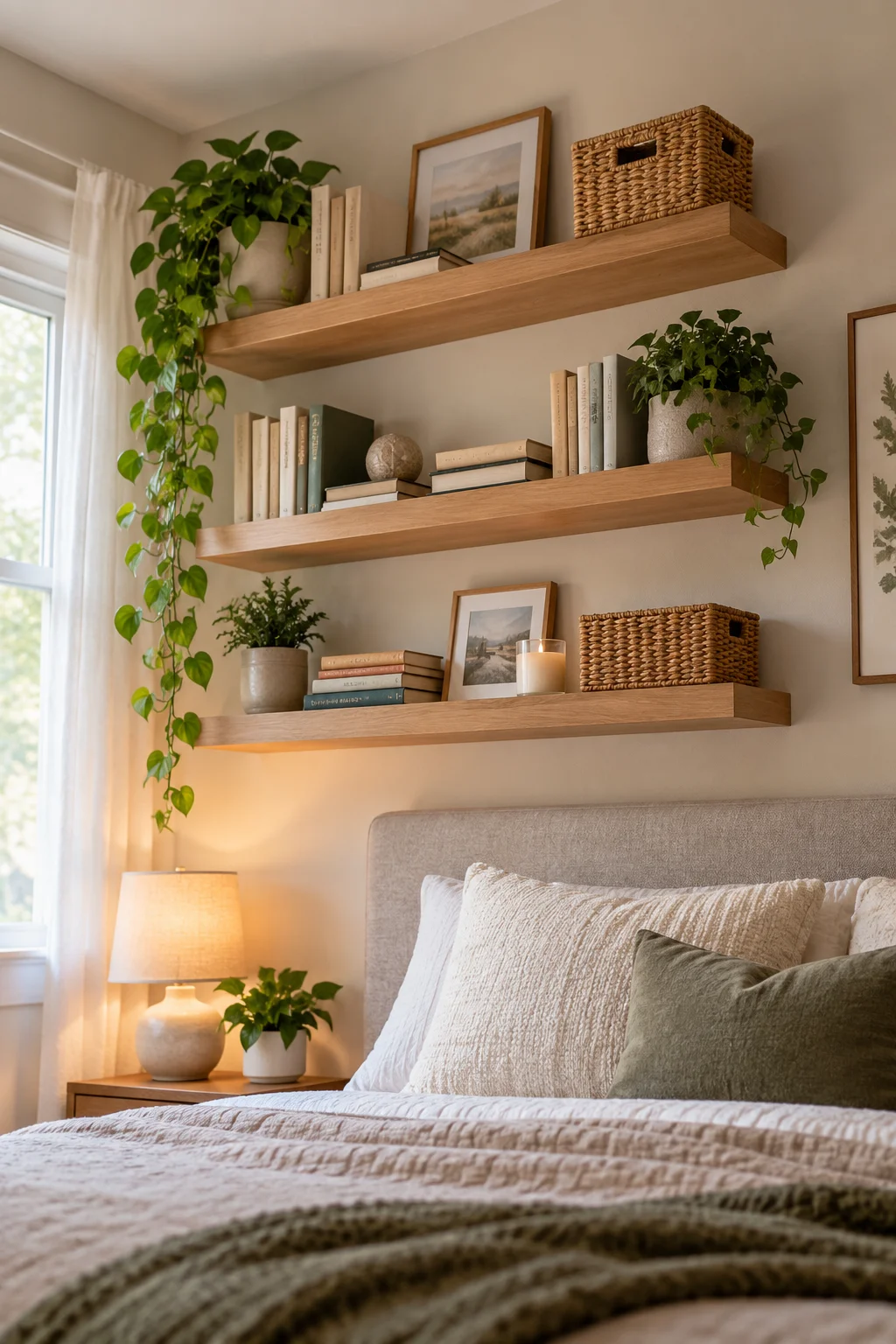 13 Small Bedroom Ideas That Make a Tiny Room Feel Bigger and Cozier 4 Float Two or Three Shelves Instead of Rolling In a Bookcase