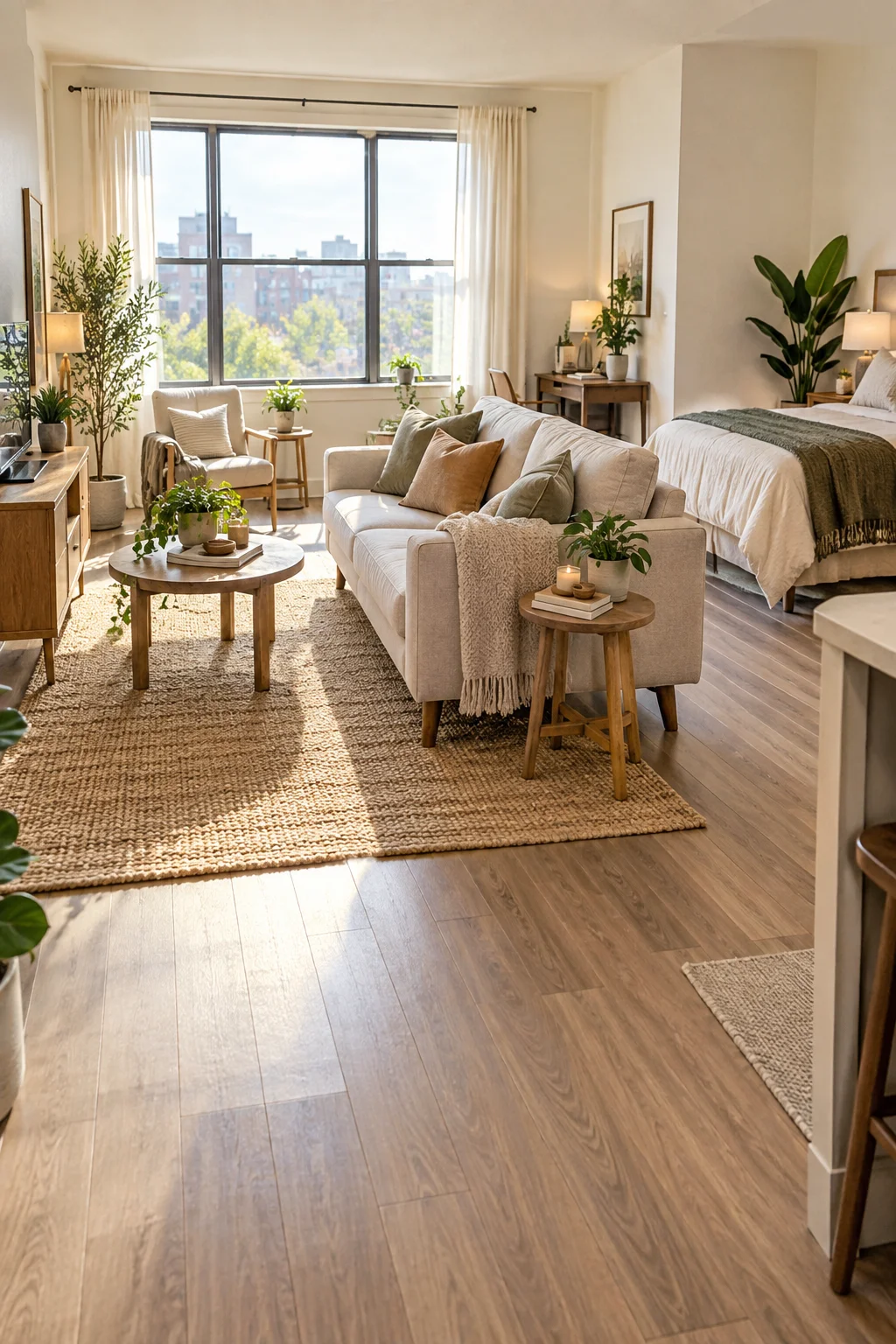 furniture floated away from walls in studio apartment for open floor plan