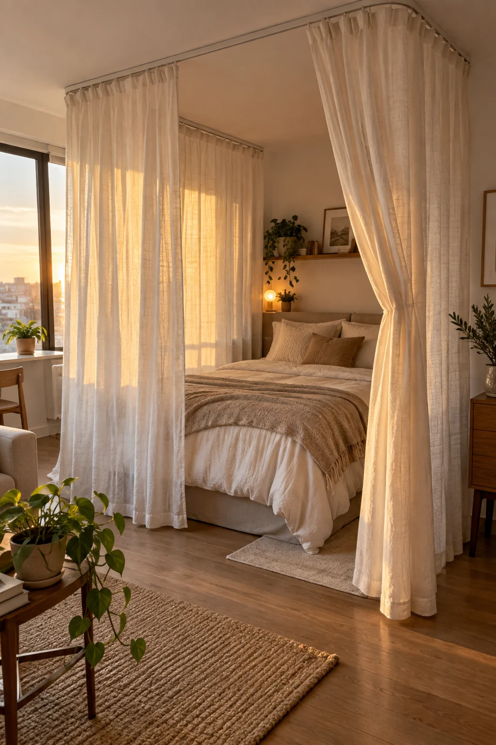 ceiling mounted curtain track around bed in studio apartment for privacy