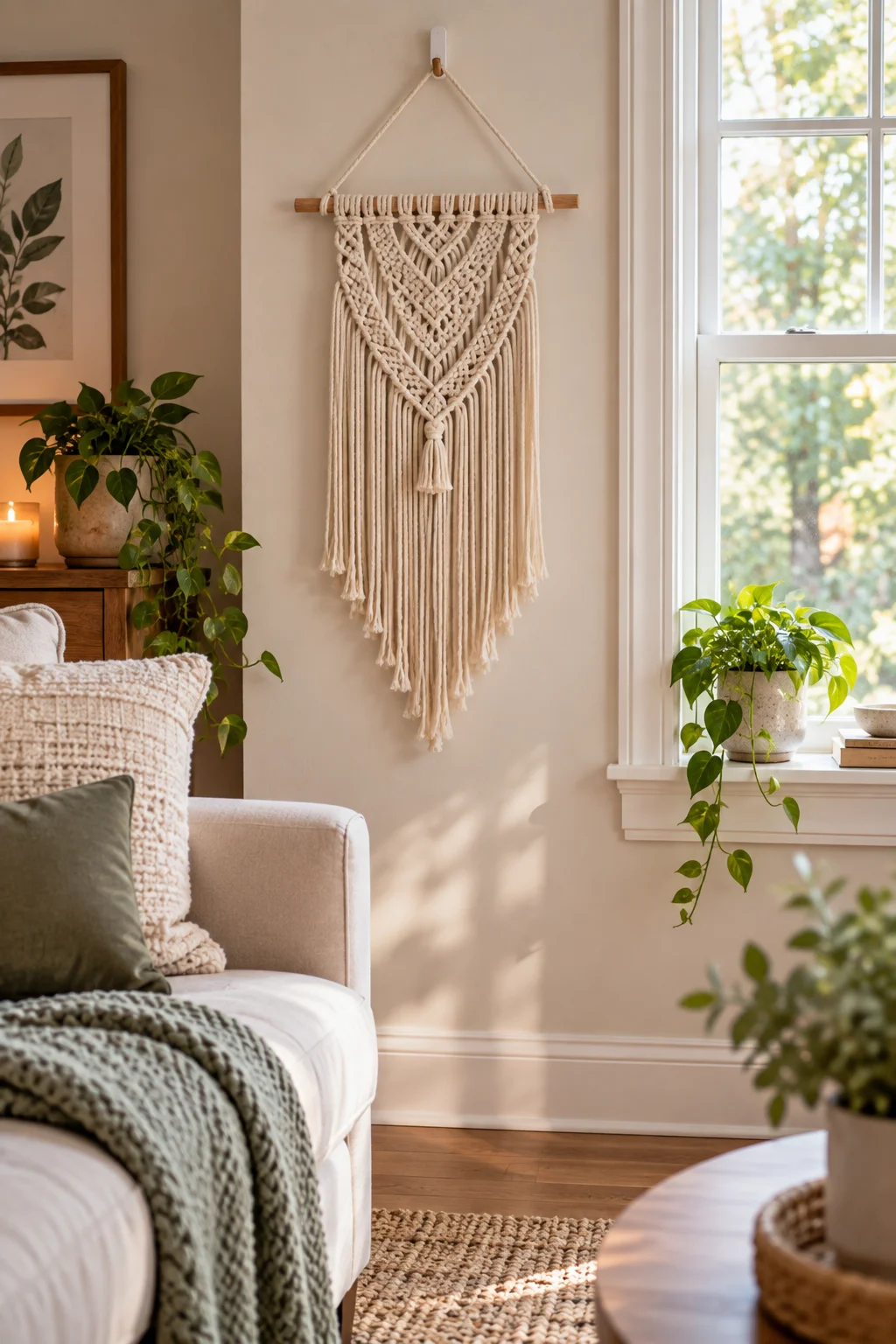 cream macrame wall hanging on a wooden dowel hung from one removable hook in a rental living room