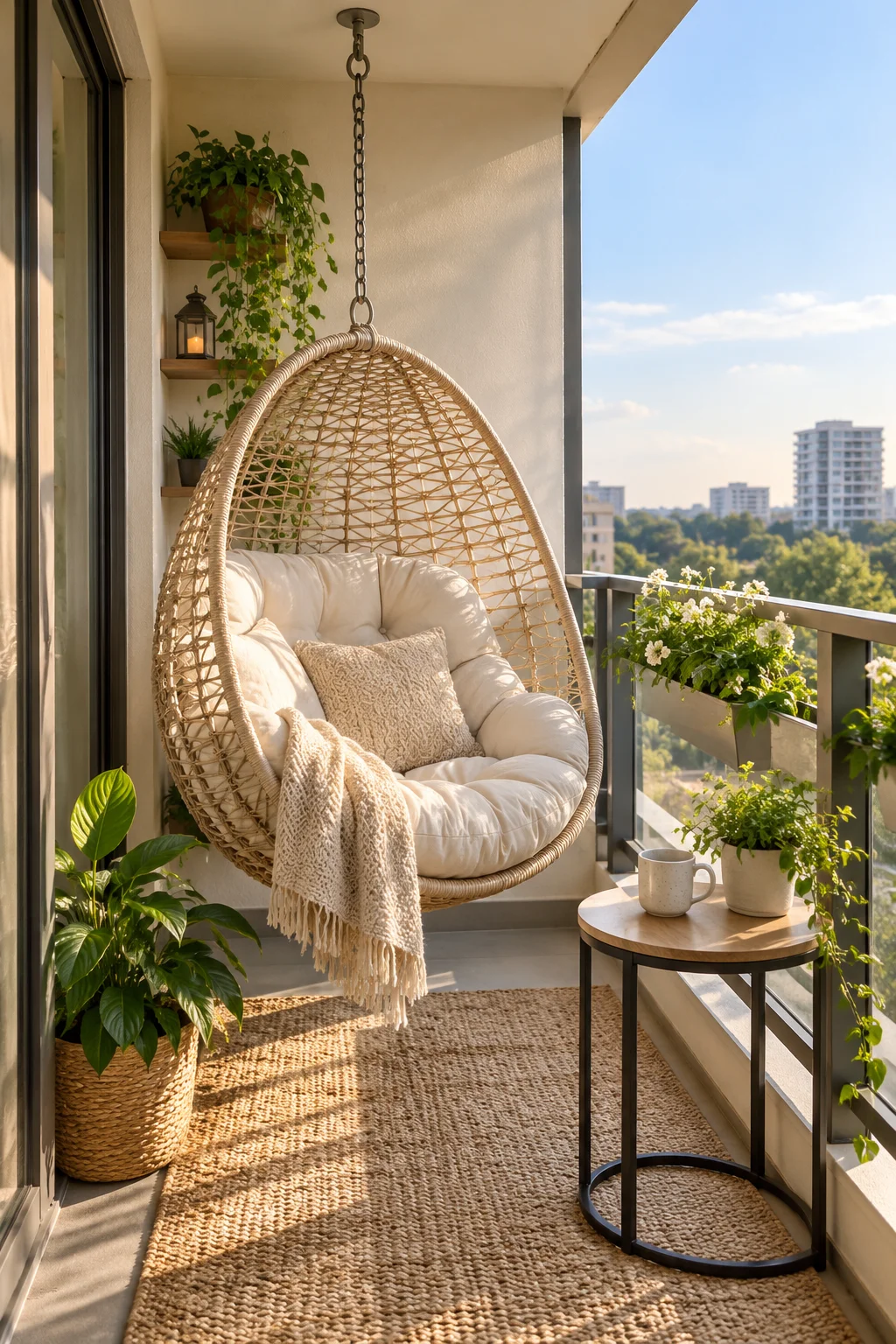 12 Small Balcony Ideas for Renters on a Budget 4 Hanging egg chair with cushion on a small apartment balcony