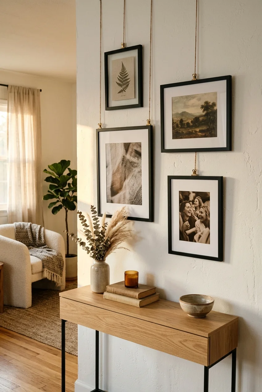 renter friendly gallery wall with frames hanging from cords and clips on a white painted brick wall