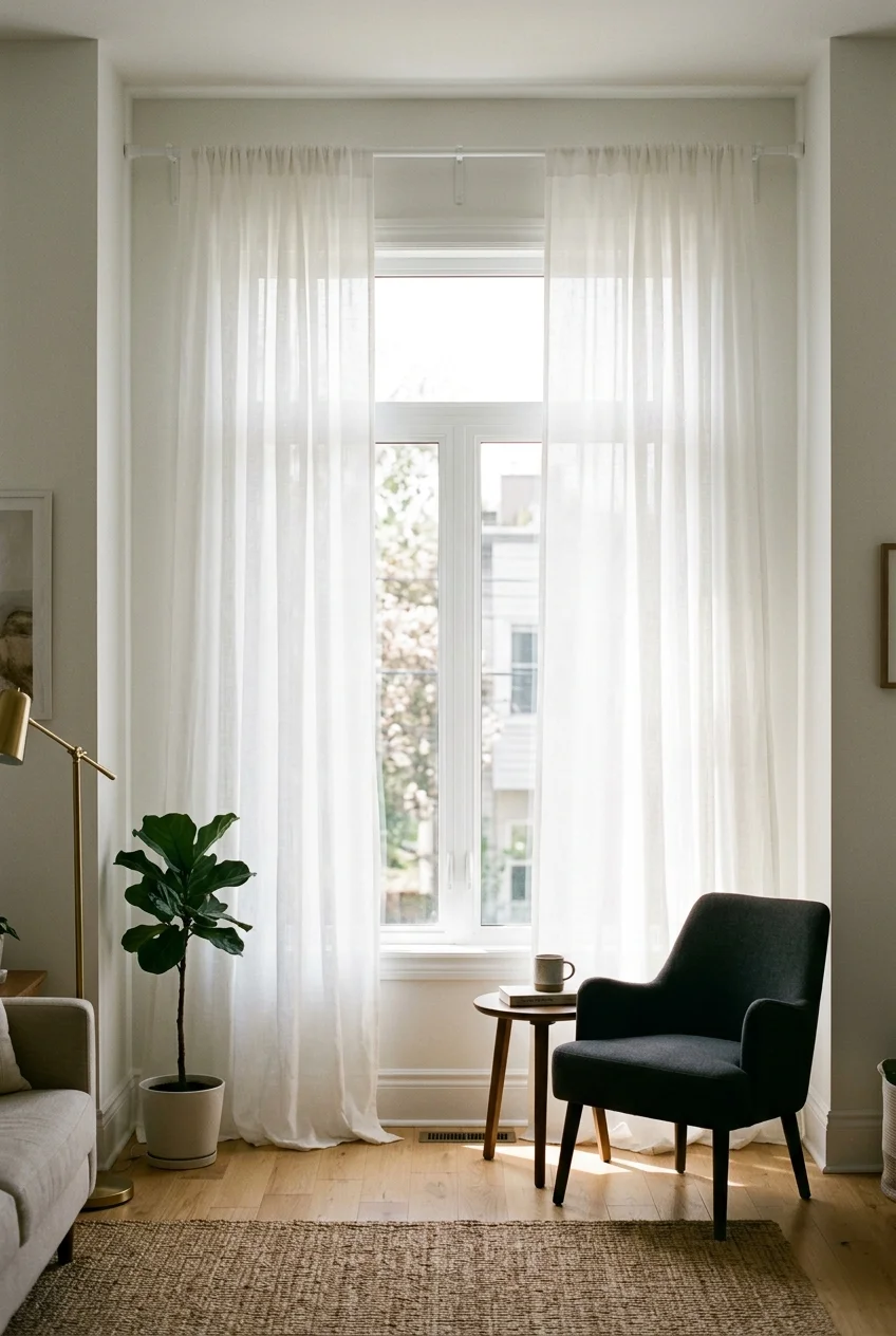 sheer white floor length curtains hung high on a rod in a renter friendly living room