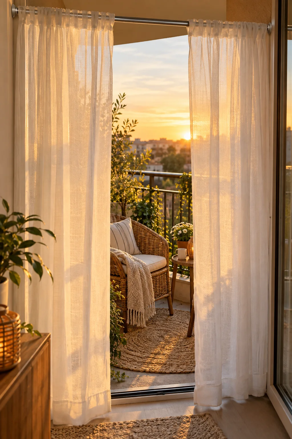 12 Small Balcony Ideas for Renters on a Budget 1 Sheer tension curtains framing a small apartment balcony for privacy