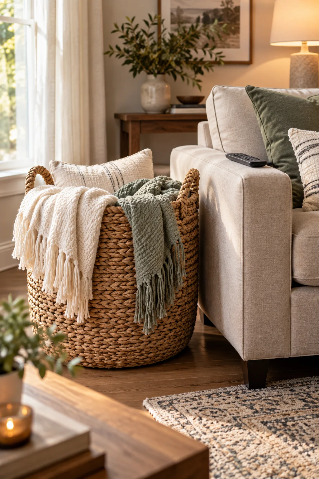 oversized woven basket holding throw blankets beside a sofa in a rental living room