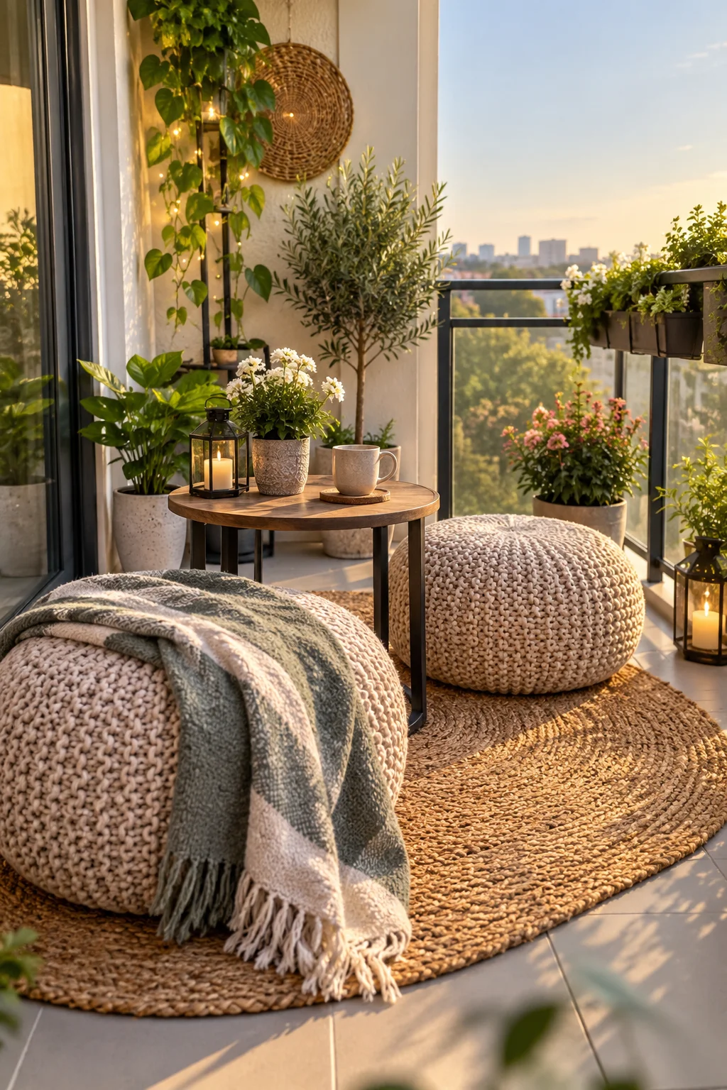 12 Small Balcony Ideas for Renters on a Budget 12 Soft knit floor pouf used as extra seating on a small balcony