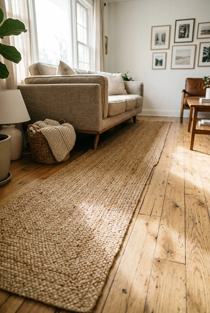 jute runner rug beside a sofa on a wood plank floor in a rental living room