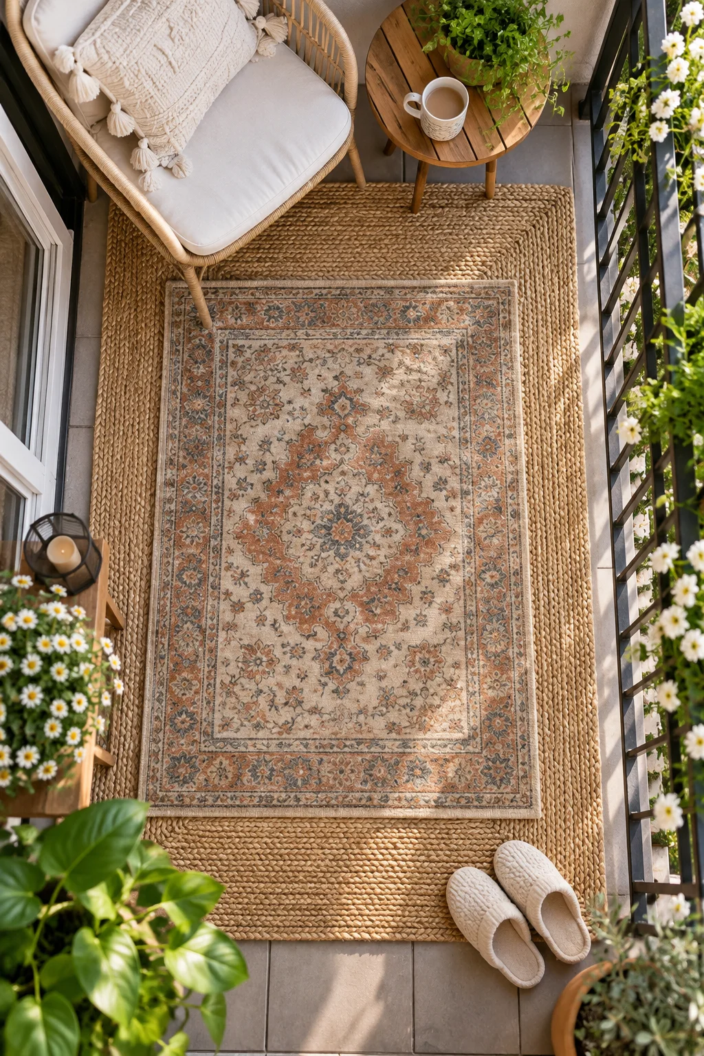 12 Small Balcony Ideas for Renters on a Budget 9 Two layered small rugs on a cozy balcony floor