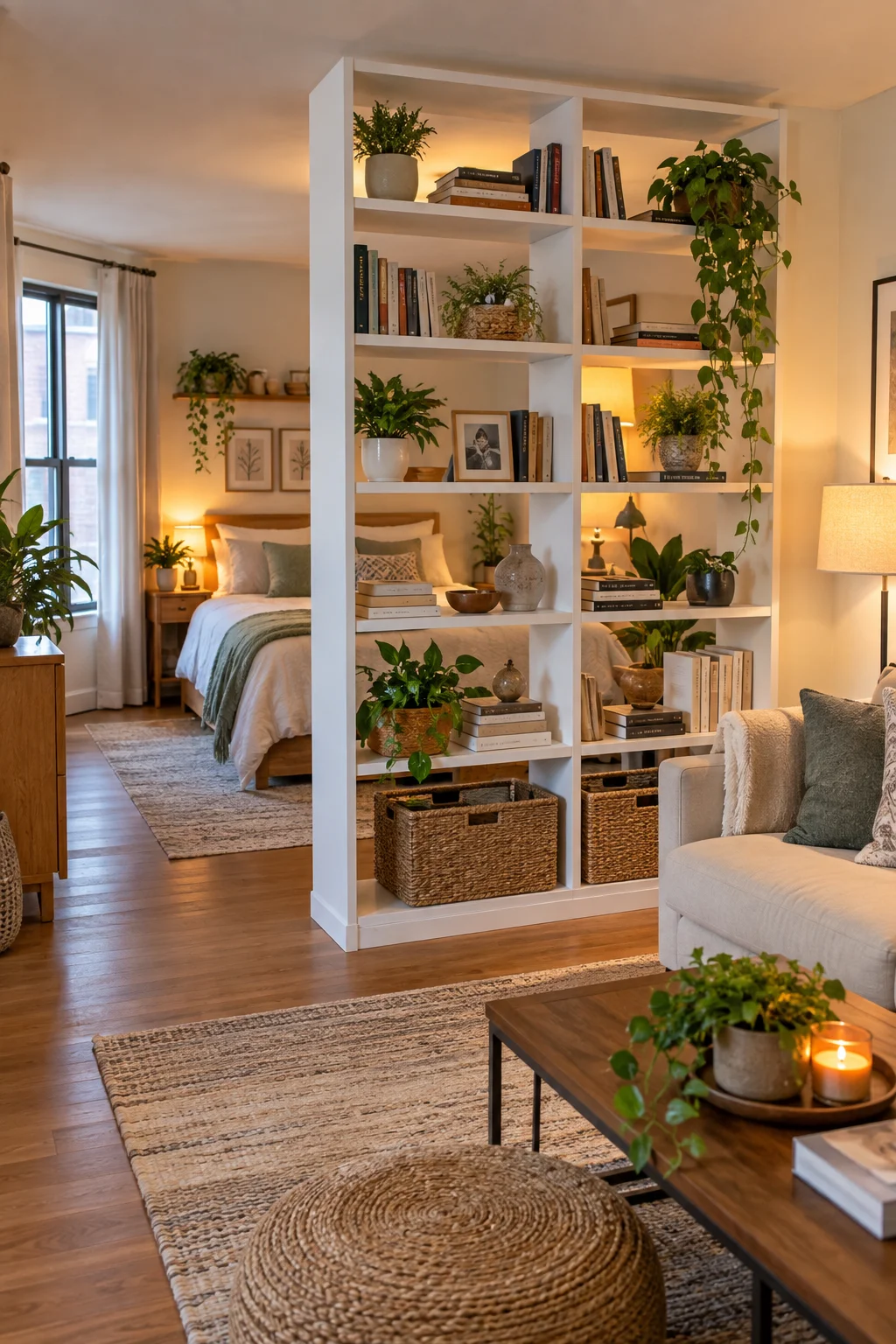 open bookshelf room divider separating bedroom from living room in studio apartment