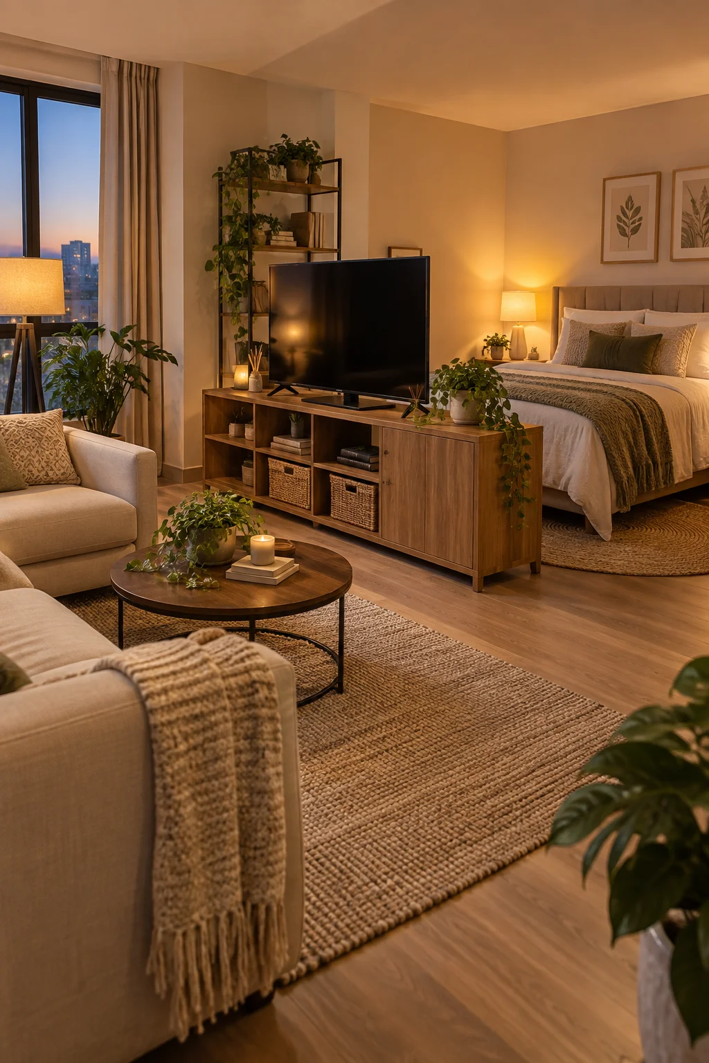 low TV console used as room divider between bed and sofa in studio apartment