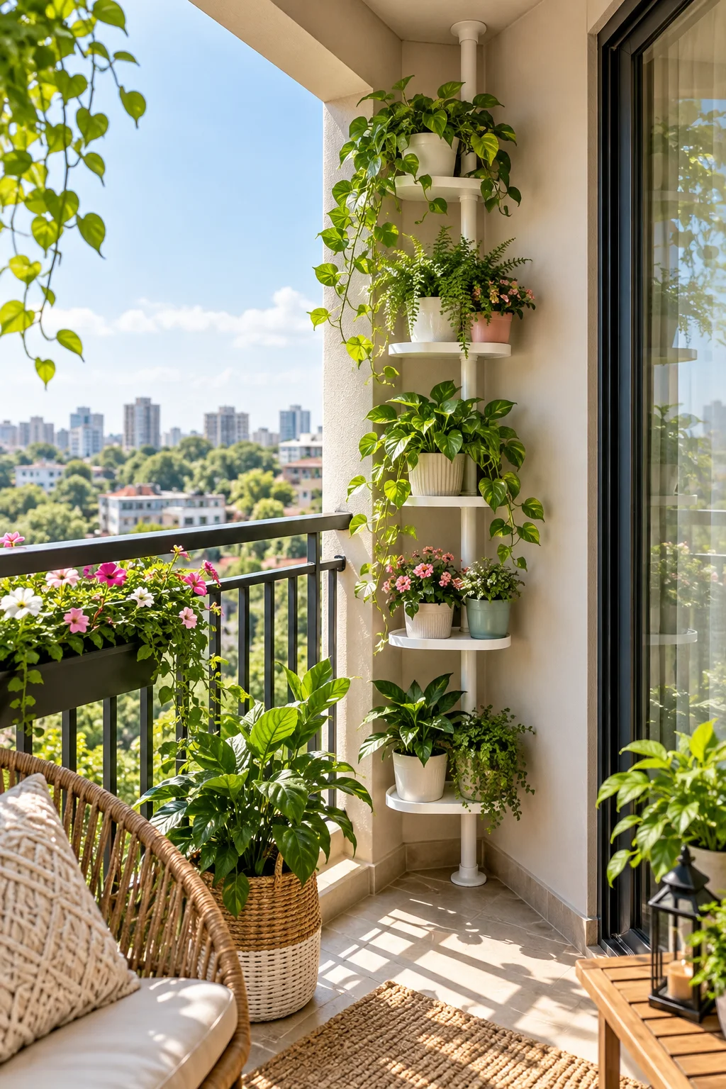12 Small Balcony Ideas for Renters on a Budget 11 Mount a tension pole shelf for plants without touching the wall