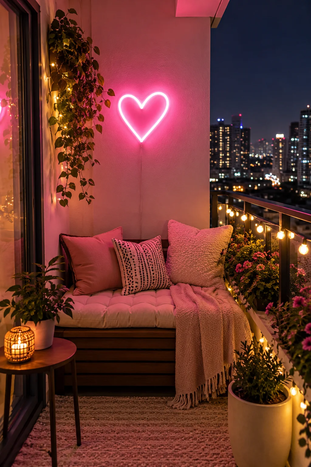 12 Small Balcony Ideas for Renters on a Budget 7 Small pink neon sign glowing on an apartment balcony wall at night