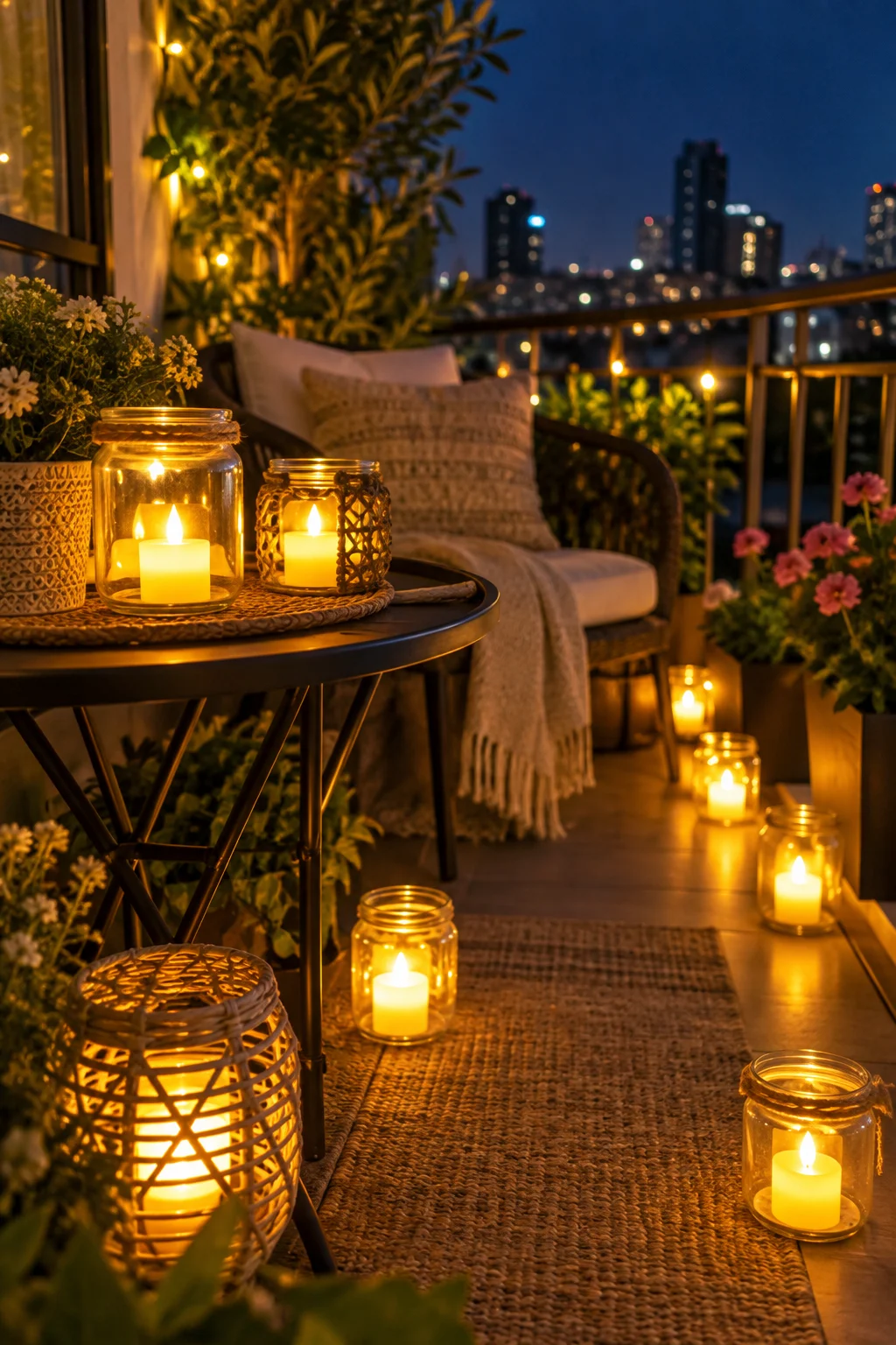 12 Small Balcony Ideas for Renters on a Budget 10 Battery tea lights glowing in glass holders on a small balcony