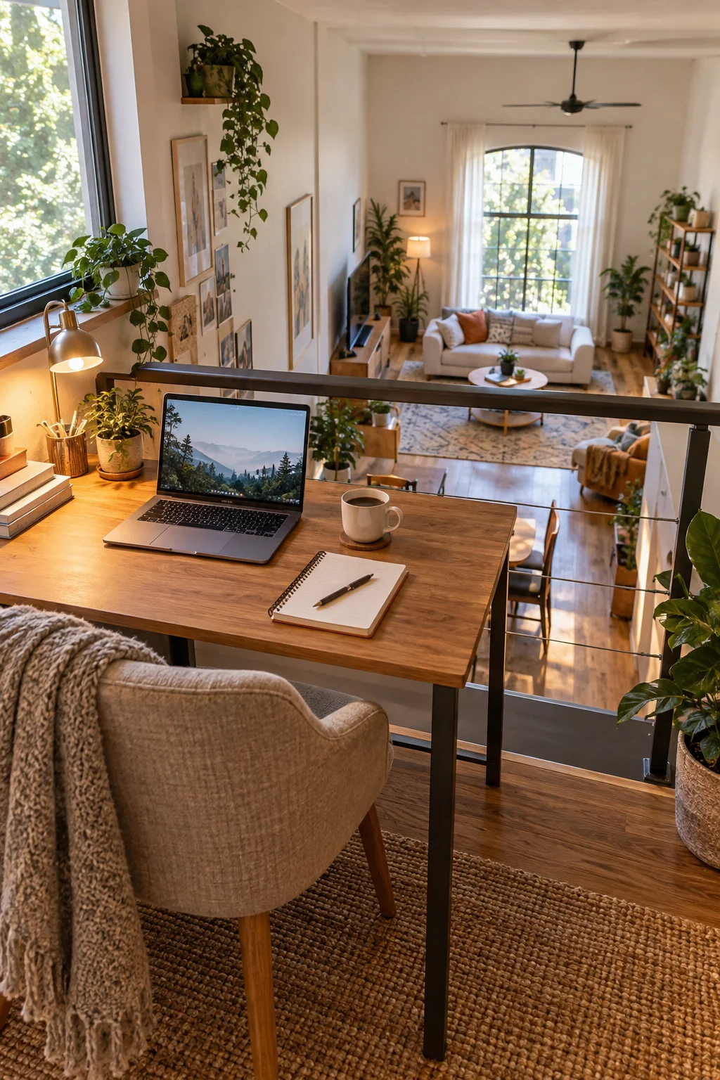 desk workspace tucked into loft area above studio apartment living room