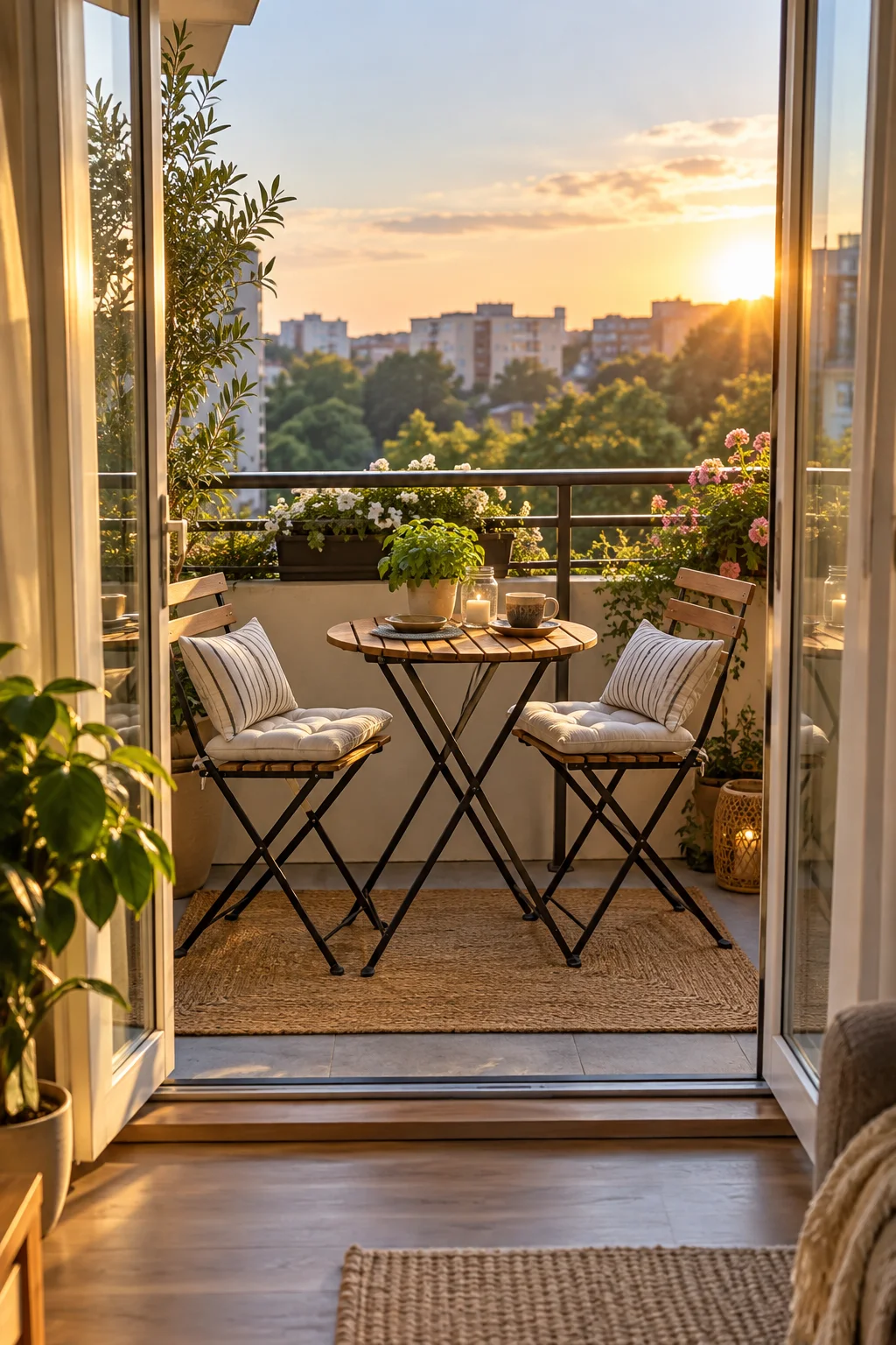 small bistro table and chairs set up as dining area on studio apartment balcony