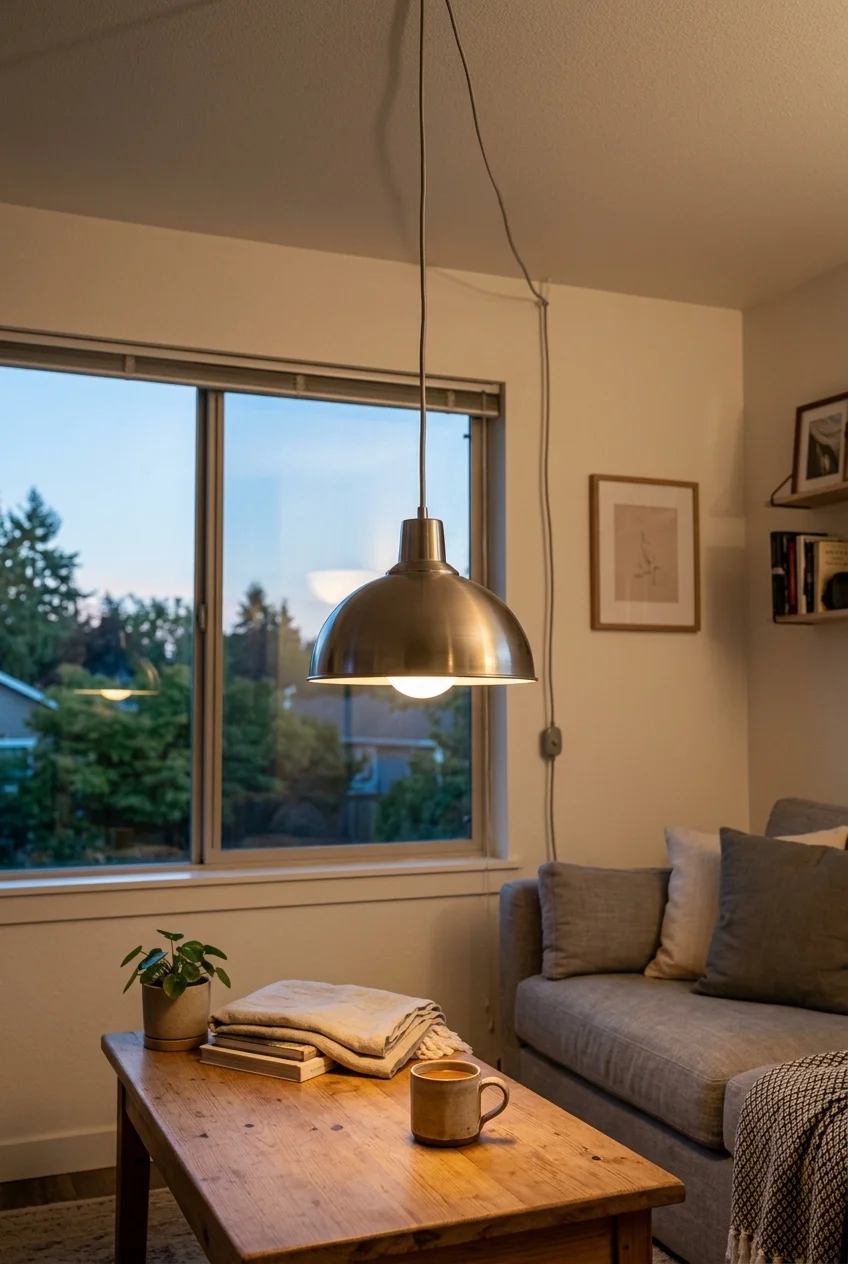 brushed metal plug in pendant light hanging in a rental living room with sheer curtains
