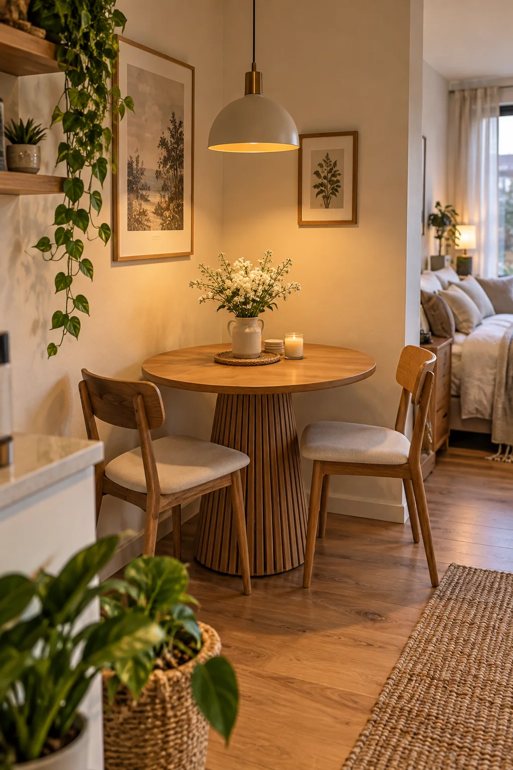 small round dining table tucked into corner of studio apartment
