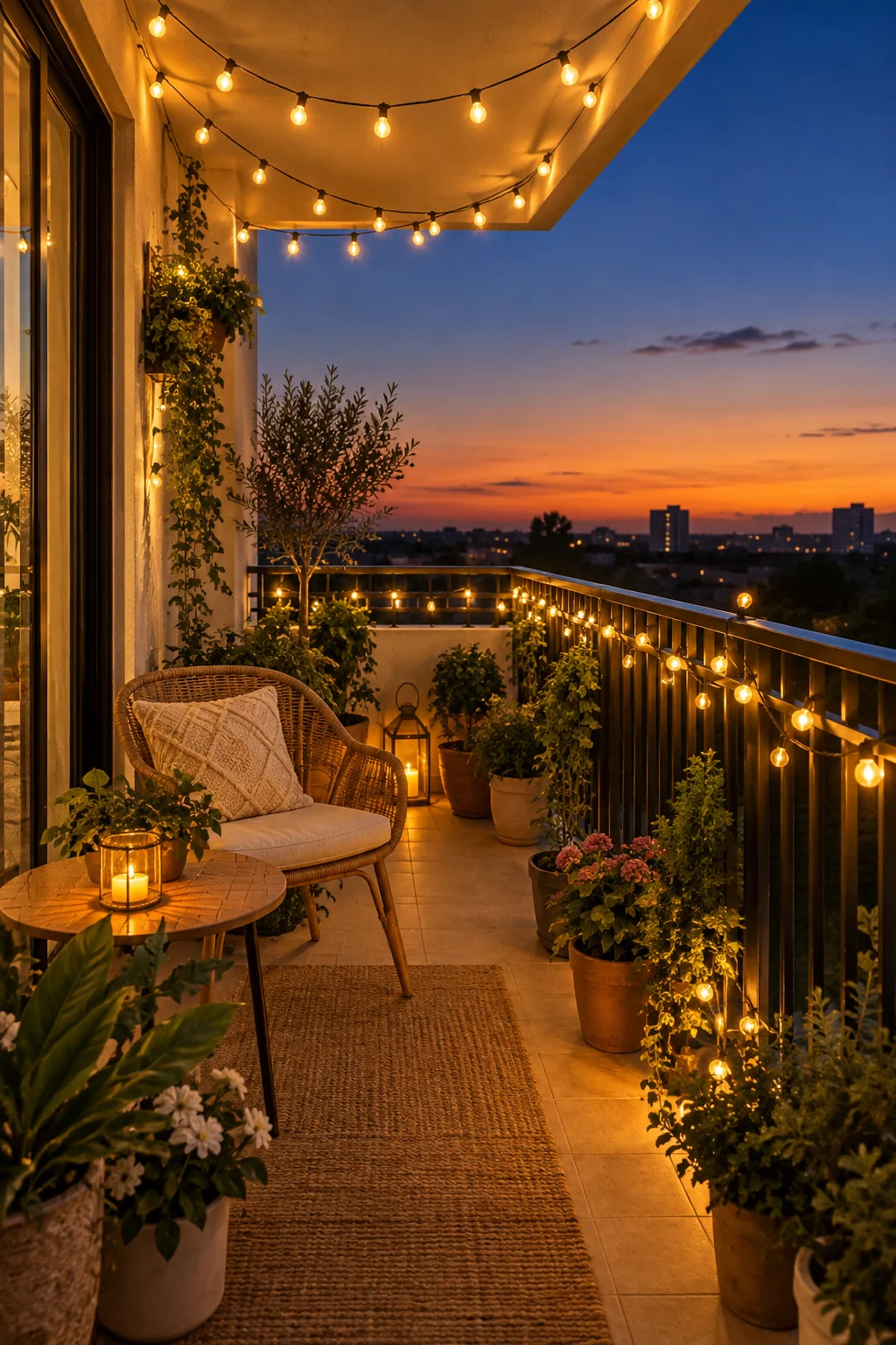12 Small Balcony Ideas for Renters on a Budget 3 Battery powered string lights draped along a small balcony railing