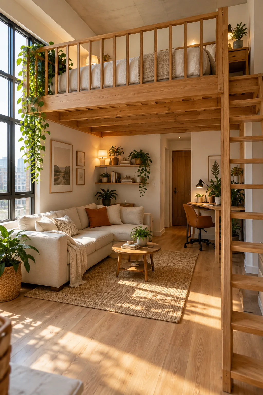 loft bed layout above living room in a small studio apartment