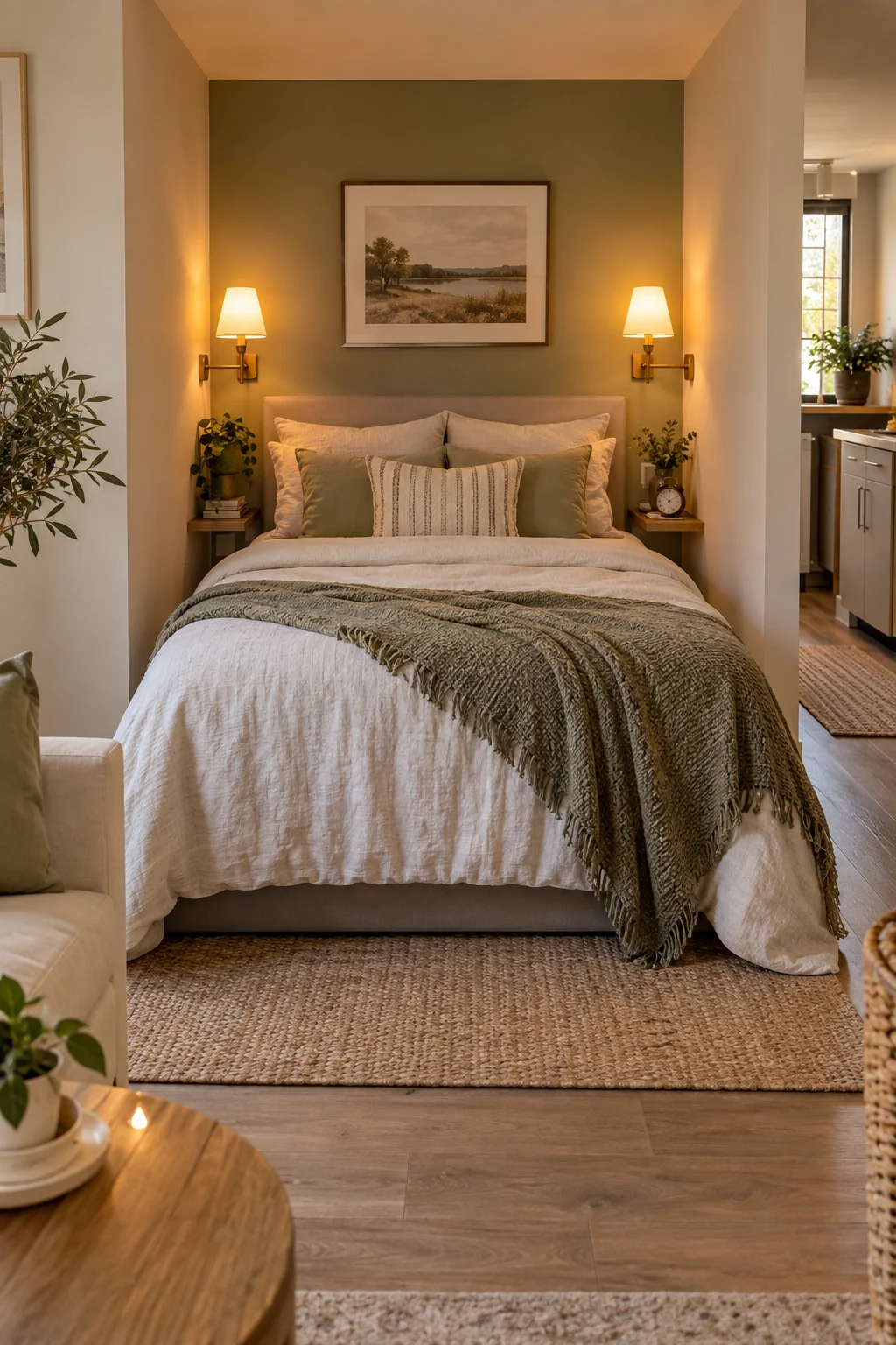 bed tucked into wall nook in small studio apartment layout