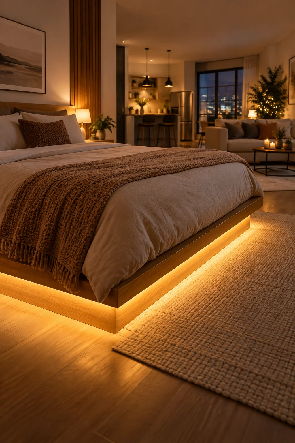 platform bed with under-bed LED lighting defining bedroom zone in studio apartment
