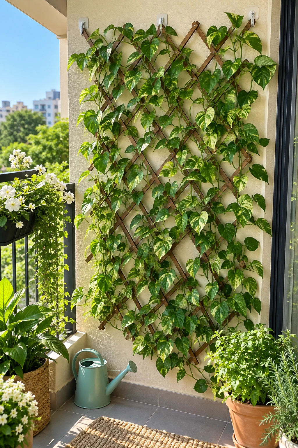 12 Small Balcony Ideas for Renters on a Budget 6 Faux vine trellis attached to a balcony wall with adhesive hooks
