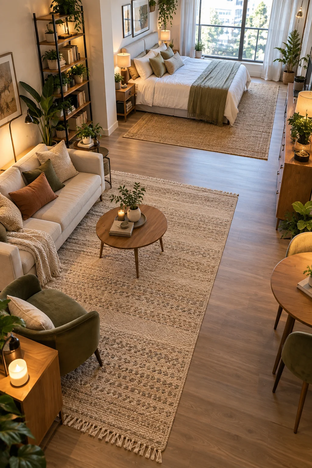 two different area rugs defining living room and bedroom zones in open studio apartment